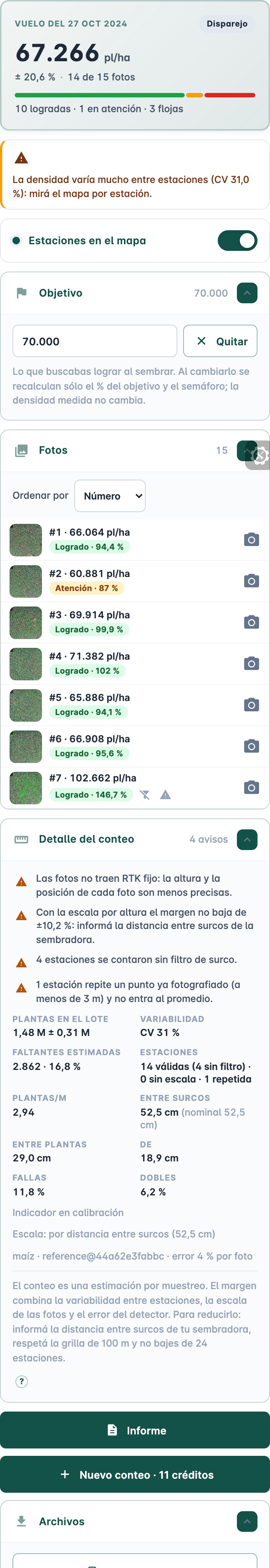 El panel con las cuatro filas desplegadas