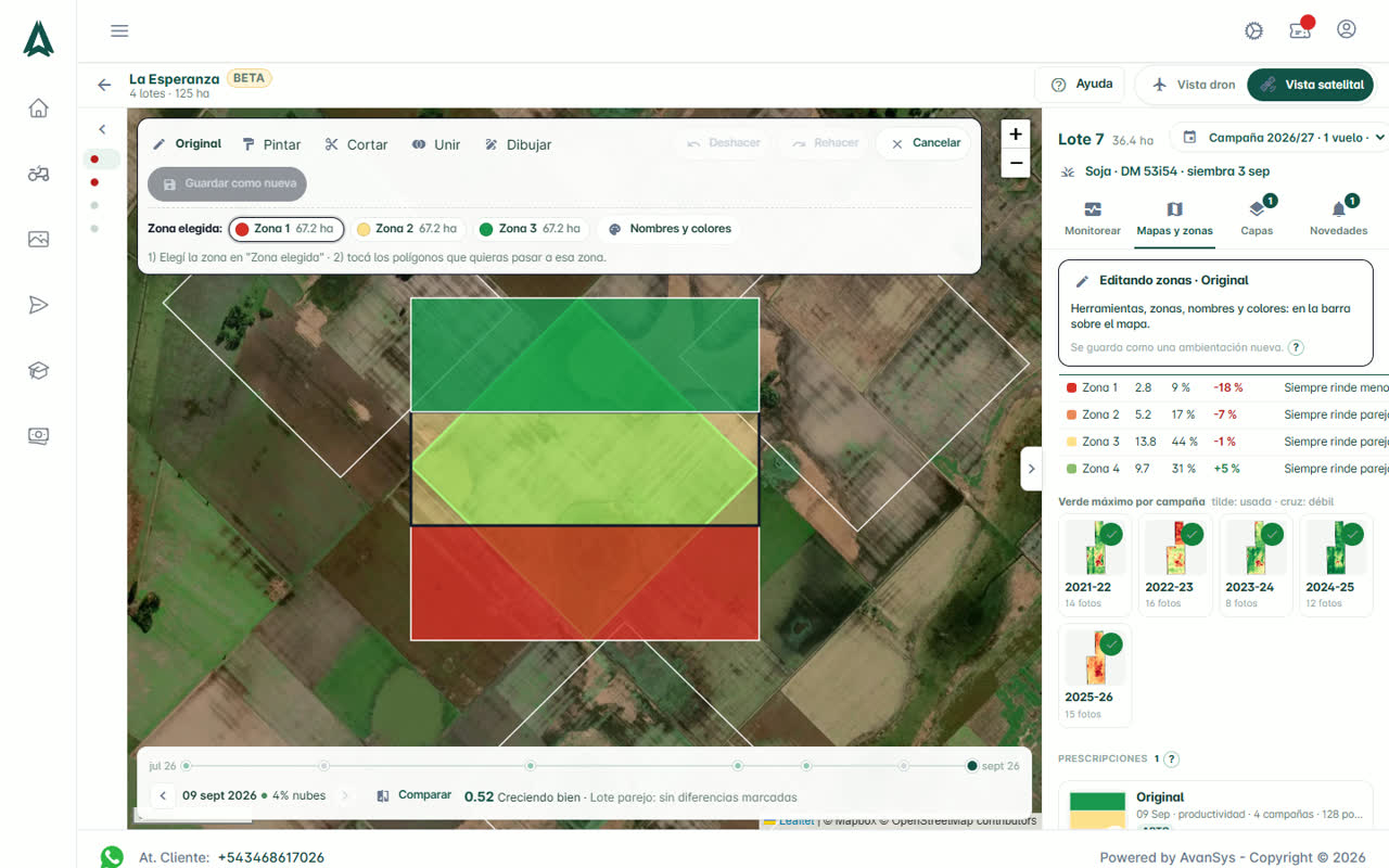 Editor de zonas a mano con la barra flotante sobre el mapa