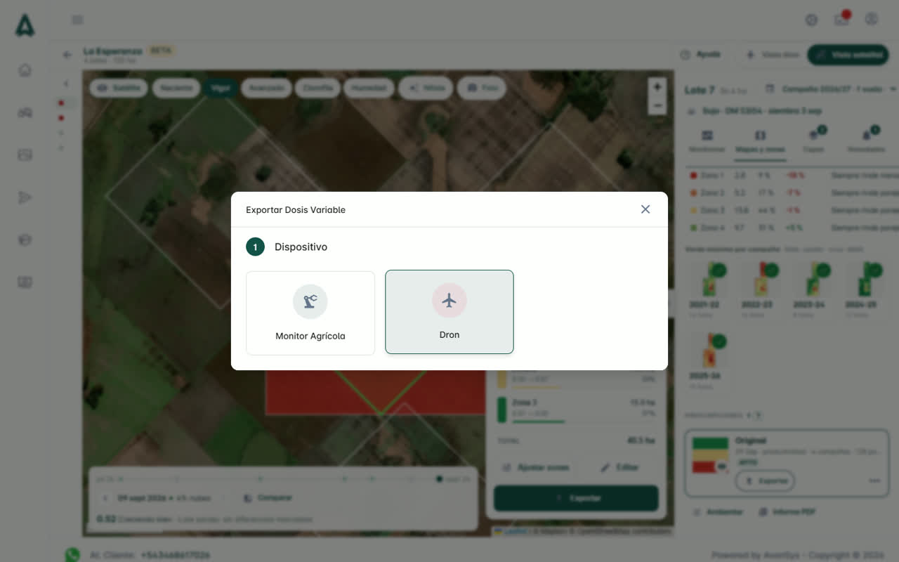 Asistente de exportación de dosis variable: monitor agrícola o drone
