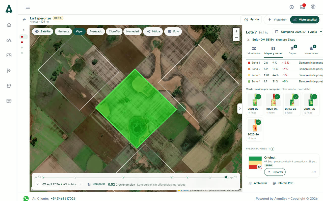 Mapas y zonas: el mapa satelital listo con sus zonas y el botón Exportar prescripción