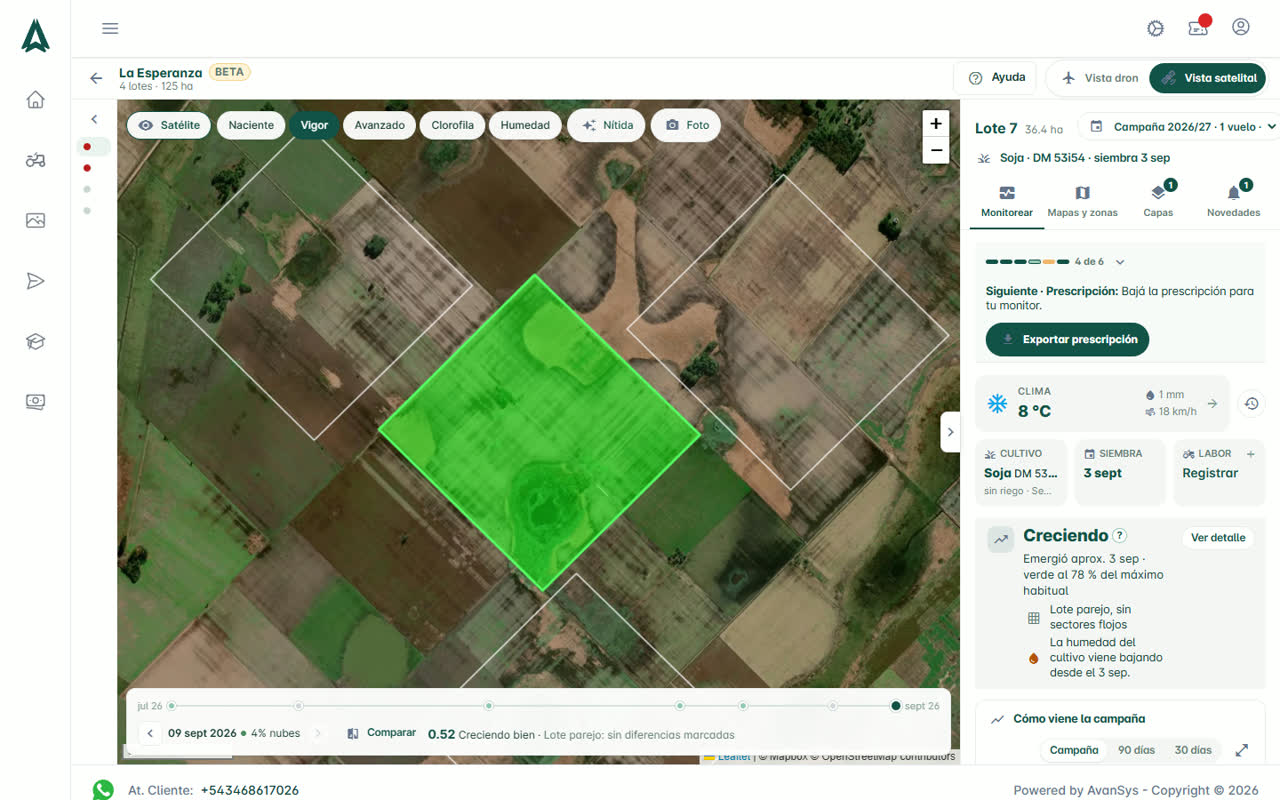 Vista satelital de AvanSys: el lote con el índice de vigor, la línea de tiempo de pasadas y el panel Monitorear