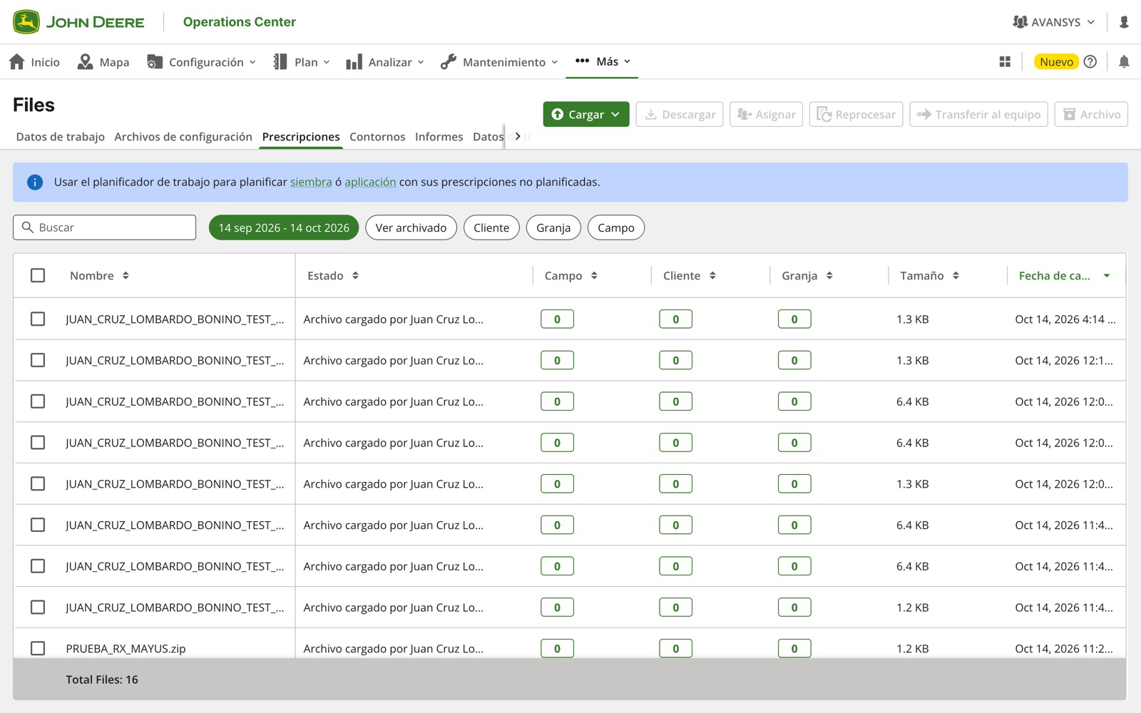 Operations Center, Archivos, pestaña Prescripciones con los archivos de AvanSys