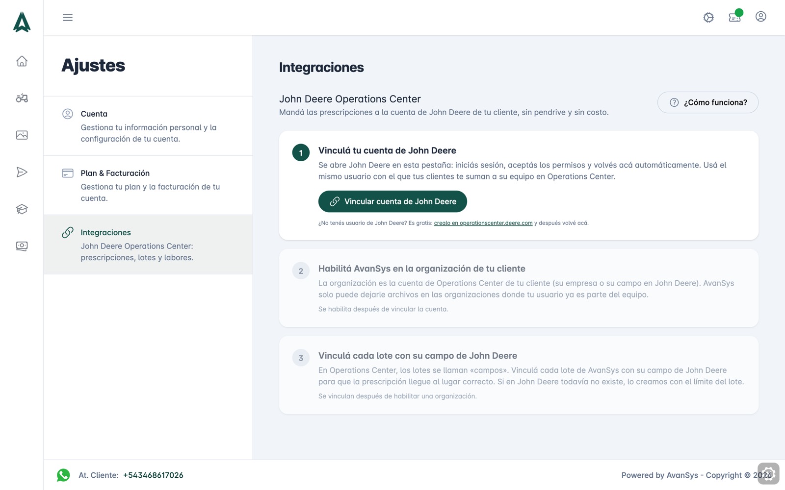 Ajustes → Integraciones de AvanSys antes de conectar, con el botón Vincular cuenta de John Deere