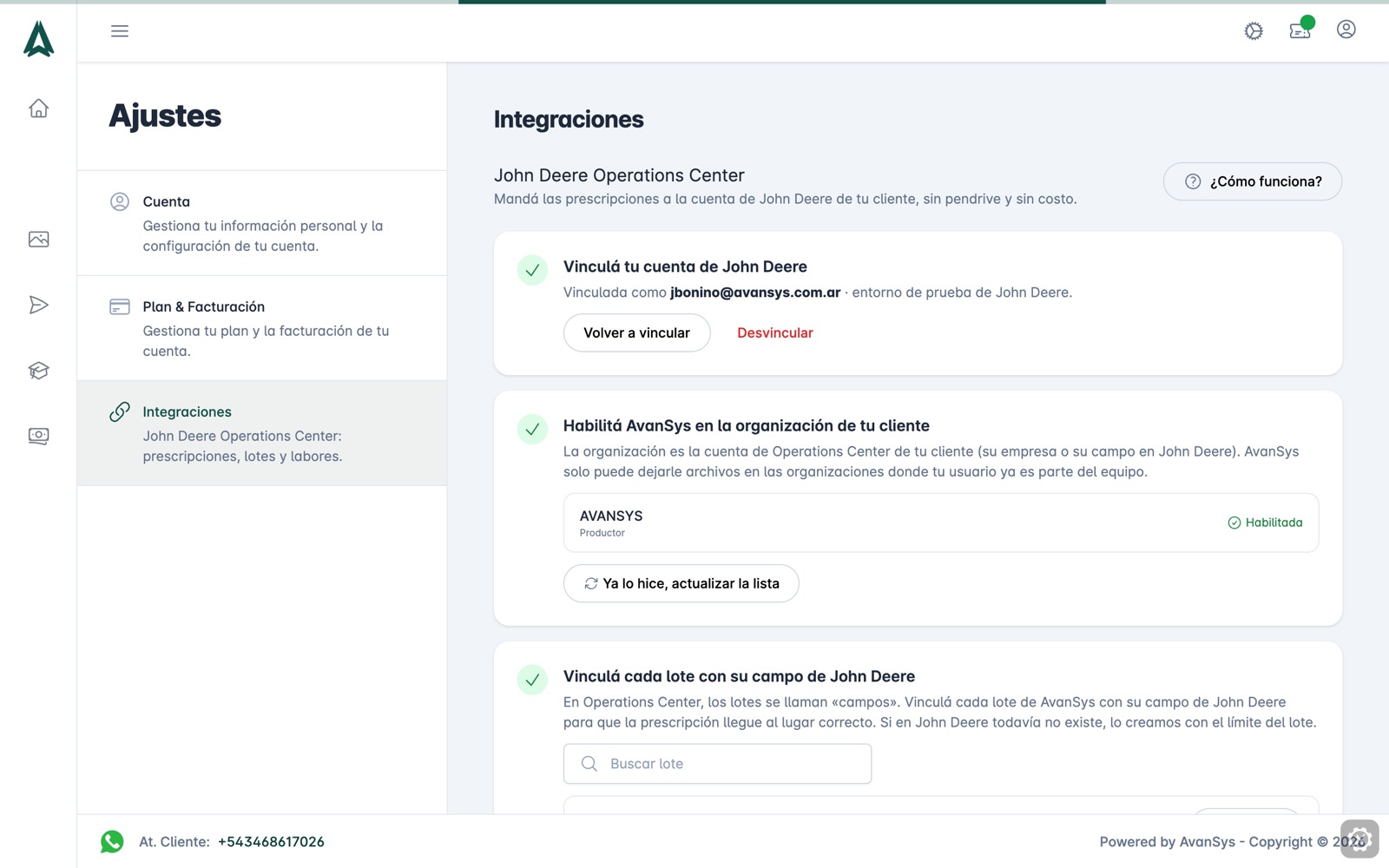 Ajustes → Integraciones con la cuenta de John Deere vinculada y la organización habilitada