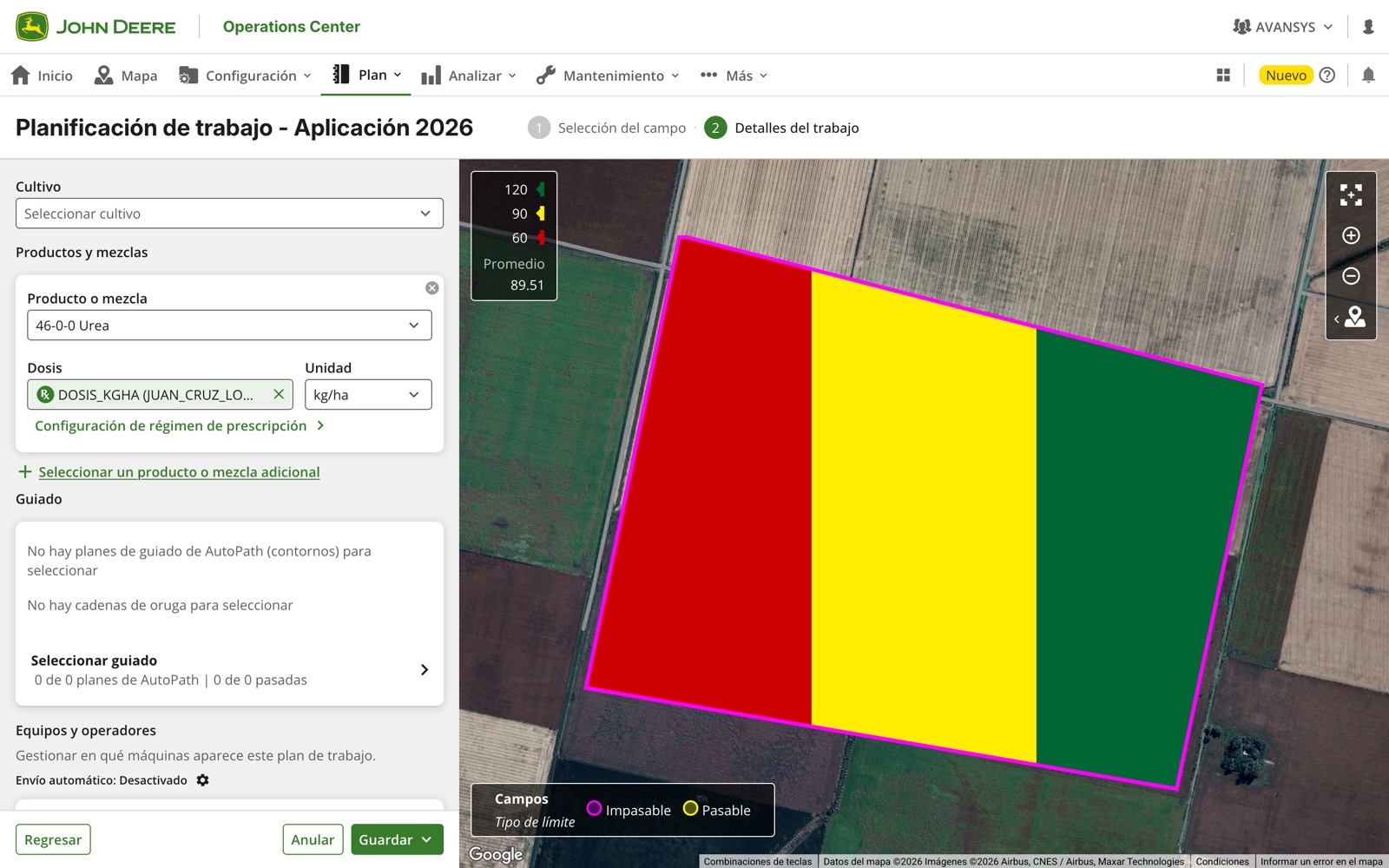 Plan de aplicación en Operations Center con la ambientación de AvanSys sobre el campo: zonas de 60, 90 y 120 kg/ha