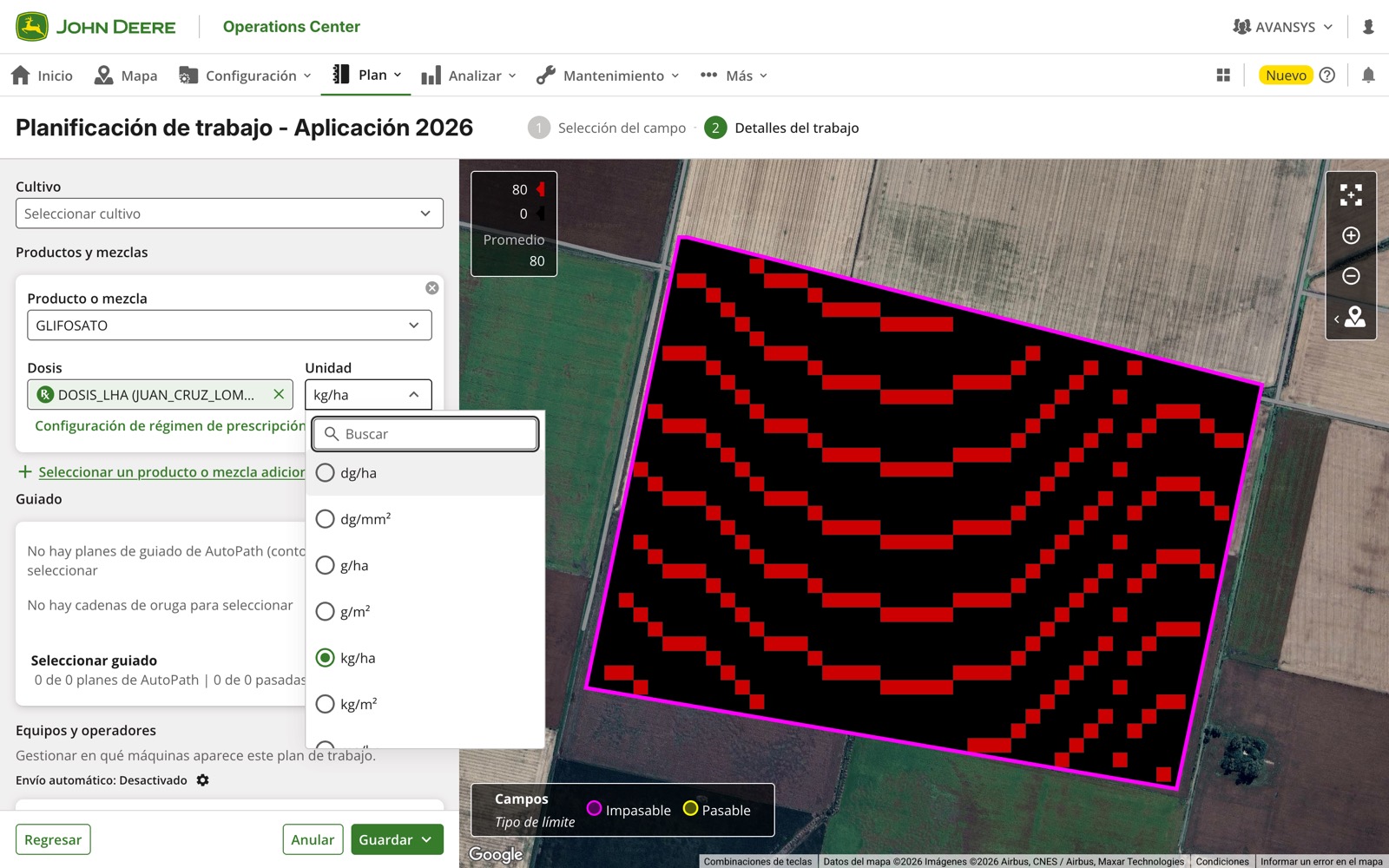 Plan de aplicación con el mapa de malezas de AvanSys sobre el campo: celdas con dosis 80 y el resto en 0