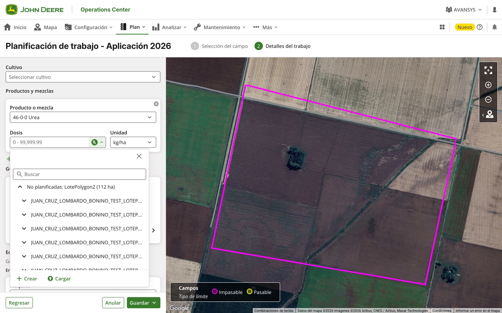 Menú Rx del campo Dosis en el Planificador de trabajo con las prescripciones no planificadas del campo