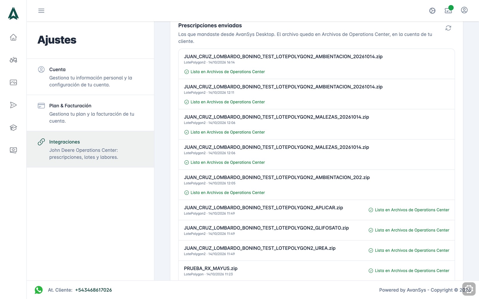 Lista de prescripciones enviadas en Ajustes → Integraciones de AvanSys