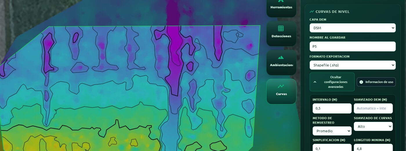 Curvas de nivel sobre el modelo de elevación de un lote en AvanSys Desktop