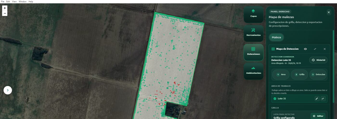 Panel de mapa de malezas de AvanSys Desktop con la grilla de detección sobre el lote