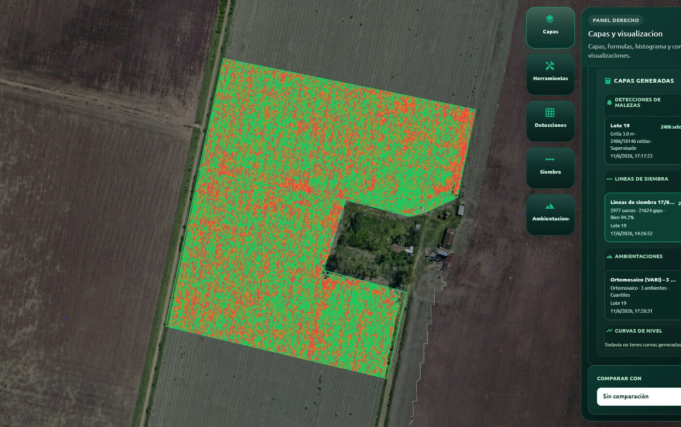 Ortomosaico de un lote con el mapa de malezas superpuesto en AvanSys Desktop