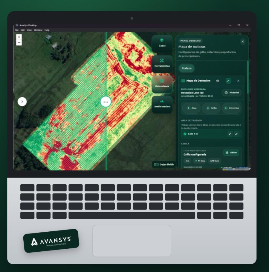 AvanSys Desktop corriendo en una notebook con un mapa de malezas en pantalla