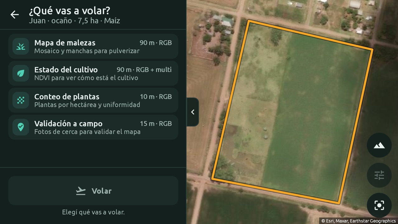 AvanSys Pilot en el control DJI RC Pro: la pantalla «¿Qué vas a volar?» con los cuatro tipos de vuelo sobre el mapa del lote